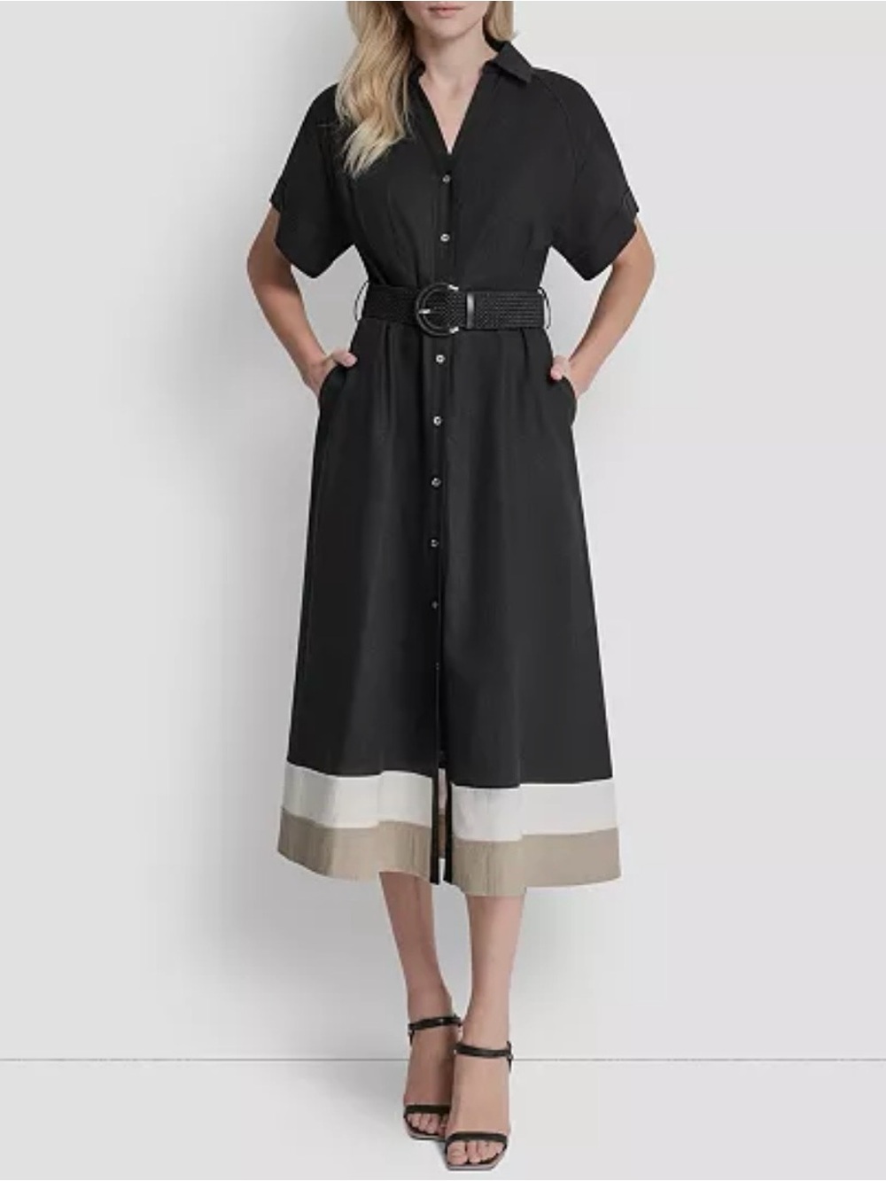DKNY Black Midi Shirt Dress with Contrast Cream and Tan Hem